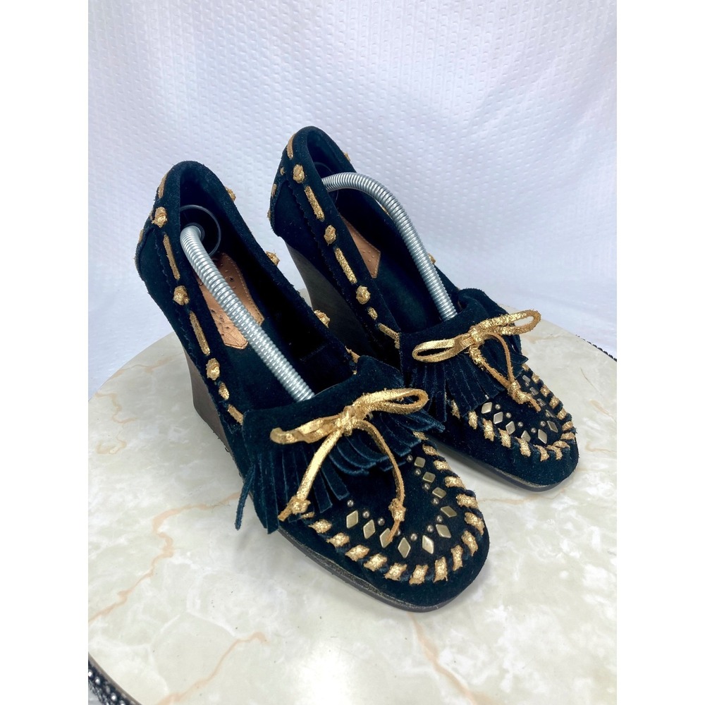 Sam Edelman Studded Fringe Moccasin Wedge Heels Womens 7.5 Black Leather Western